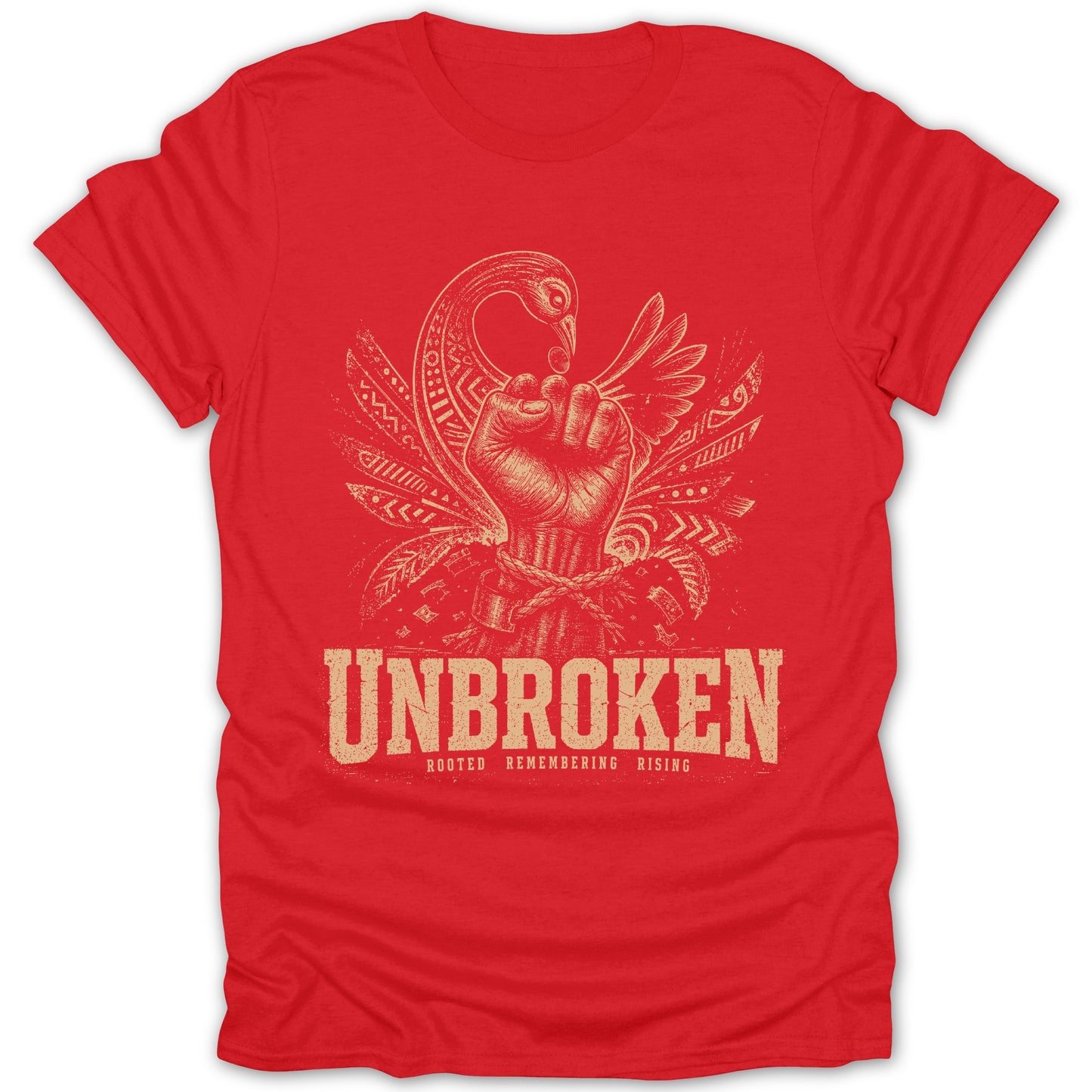 Red t-shirt with "UNBROKEN" text and a design of a fist with a bird and feathers.