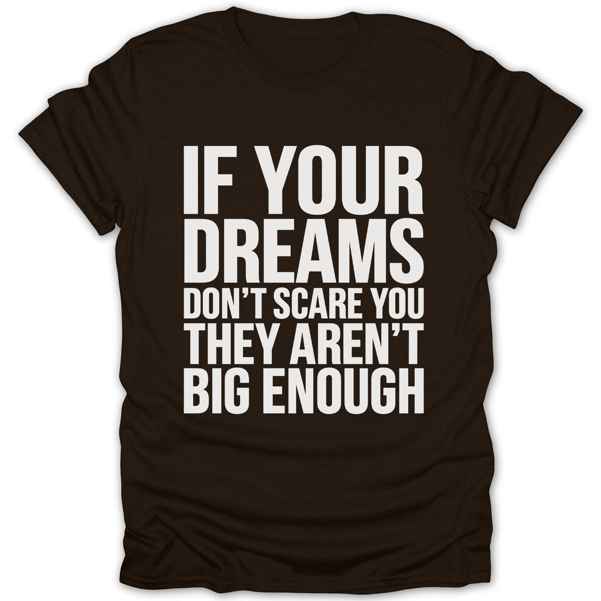 Brown t-shirt with white text: "IF YOUR DREAMS DON'T SCARE YOU THEY AREN'T BIG ENOUGH."