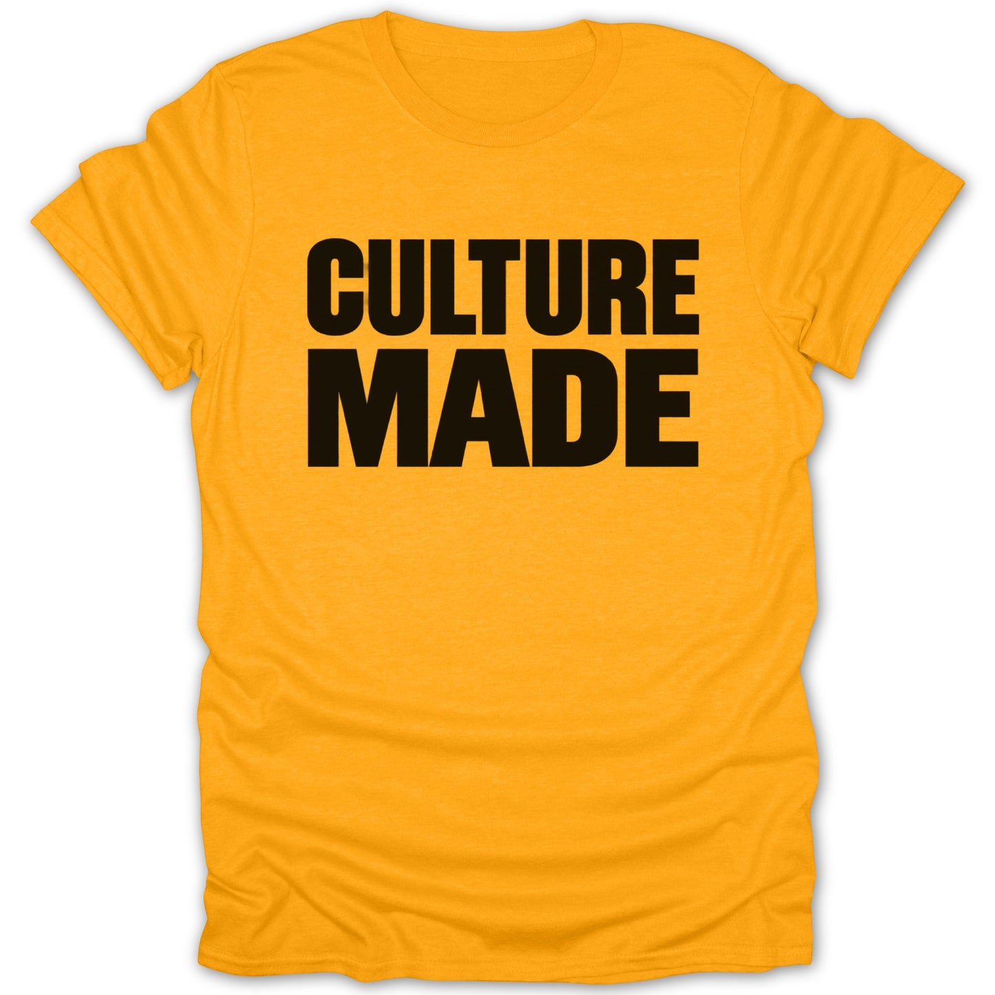 Orange t-shirt with black text "CULTURE MADE"