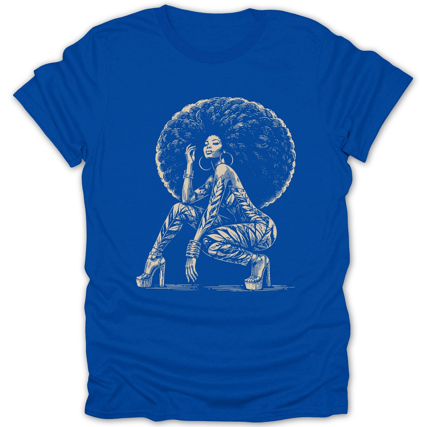 Line drawing of woman with large afro and patterned outfit on blue t-shirt