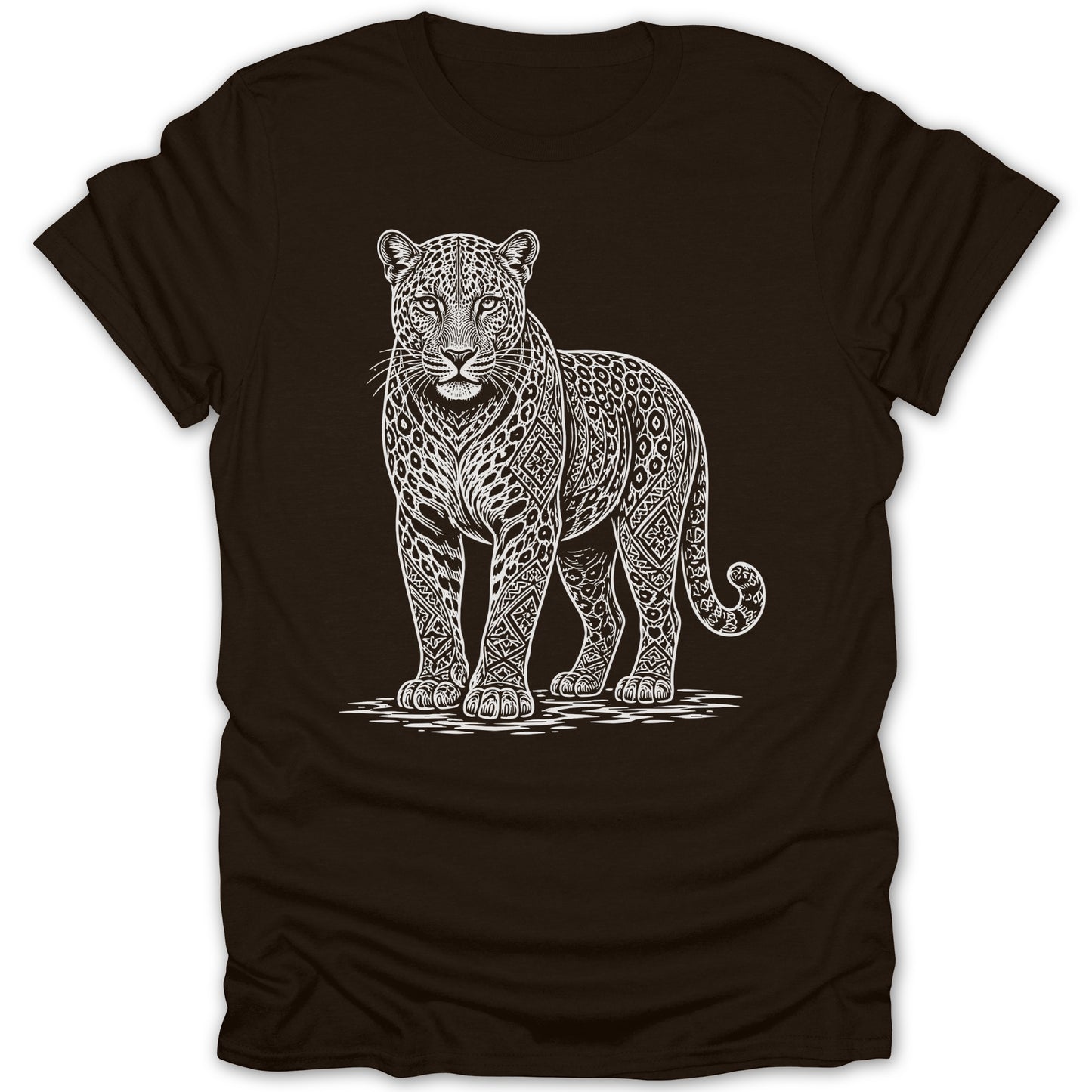Brown t-shirt with a white line drawing of a jaguar with ornate patterned markings.