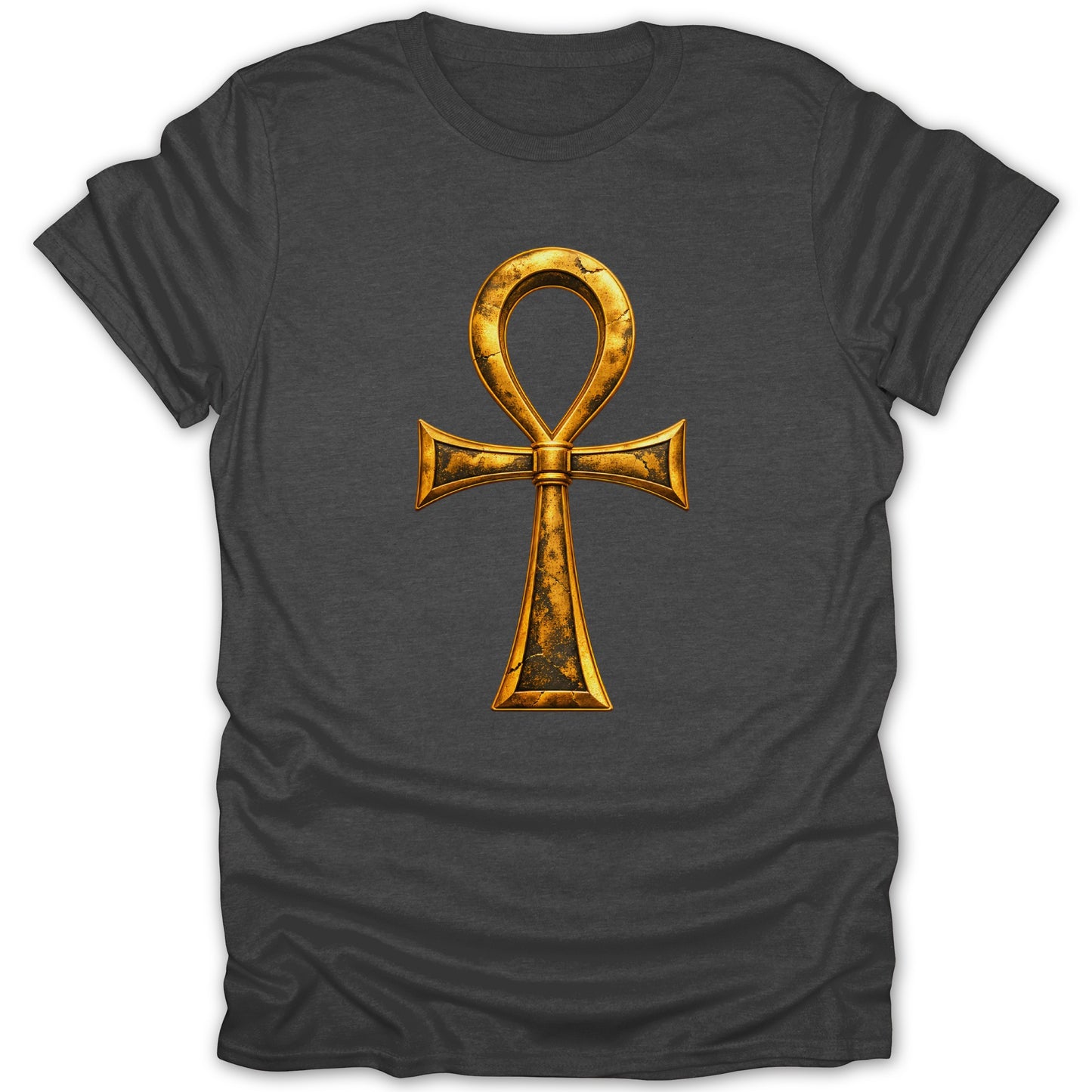 Dark gray t-shirt with a golden ankh symbol and cracked texture.