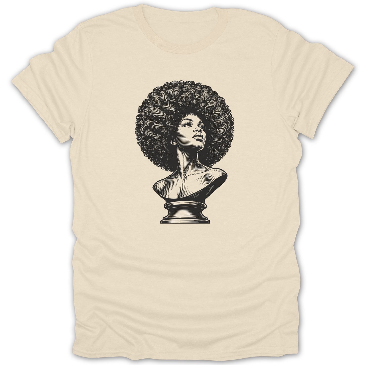 Black and white engraving of a woman with an afro on a cream t-shirt.