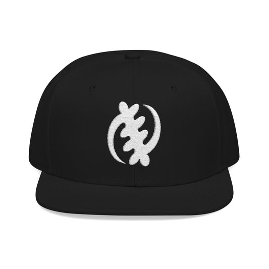 Black snapback hat with white Adinkra symbol Gye Nyame embroidered on front.