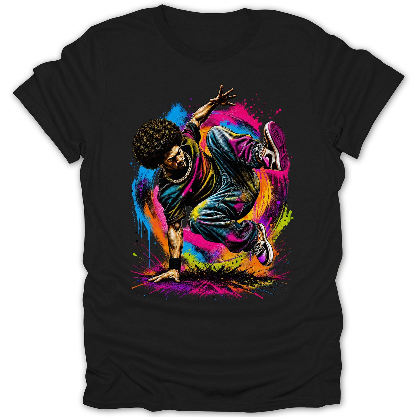 Breakdancer with afro in dynamic pose surrounded by colorful paint splatters.
