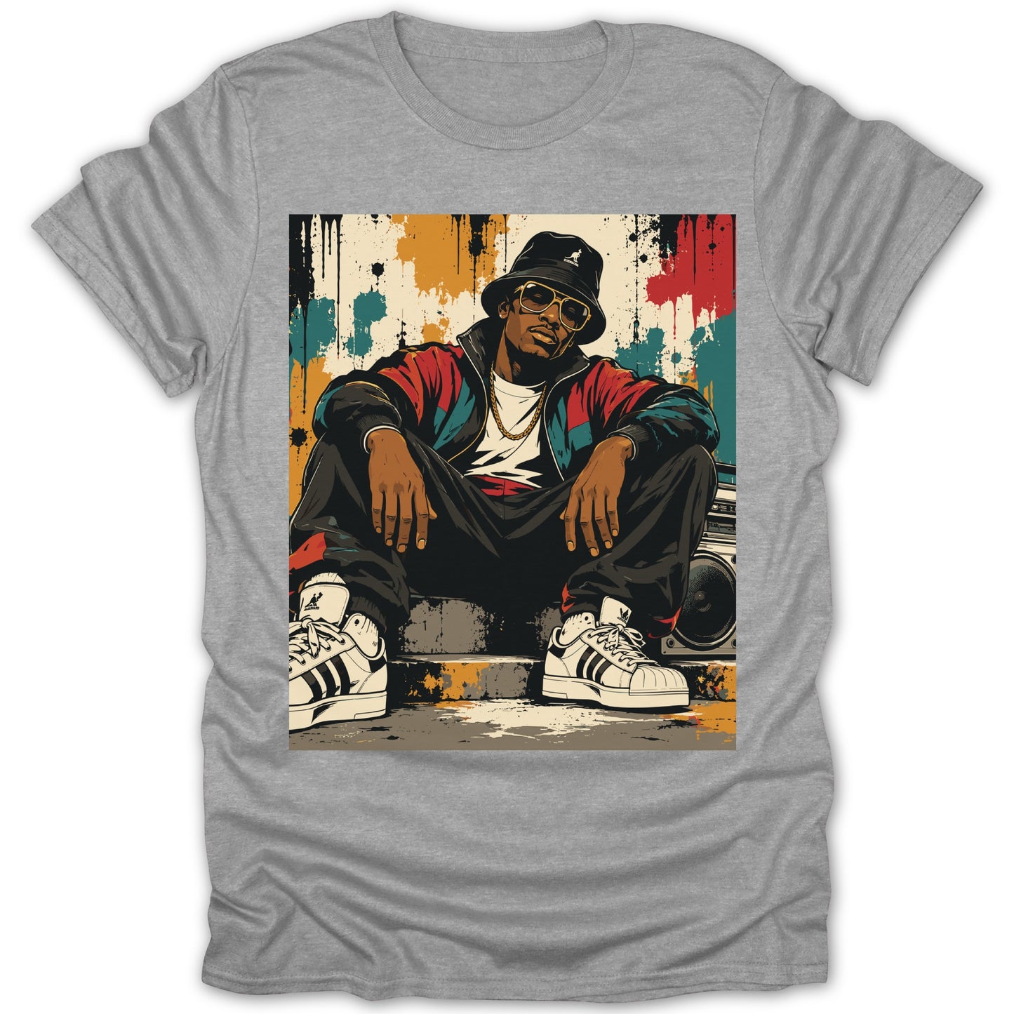 Illustration of a man in a bucket hat and tracksuit sitting by a boombox.