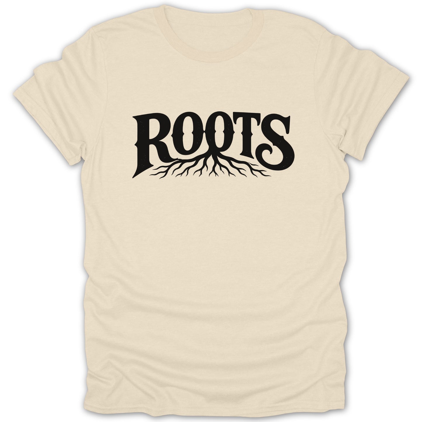 Cream t-shirt with black "ROOTS" text and illustrated roots design.