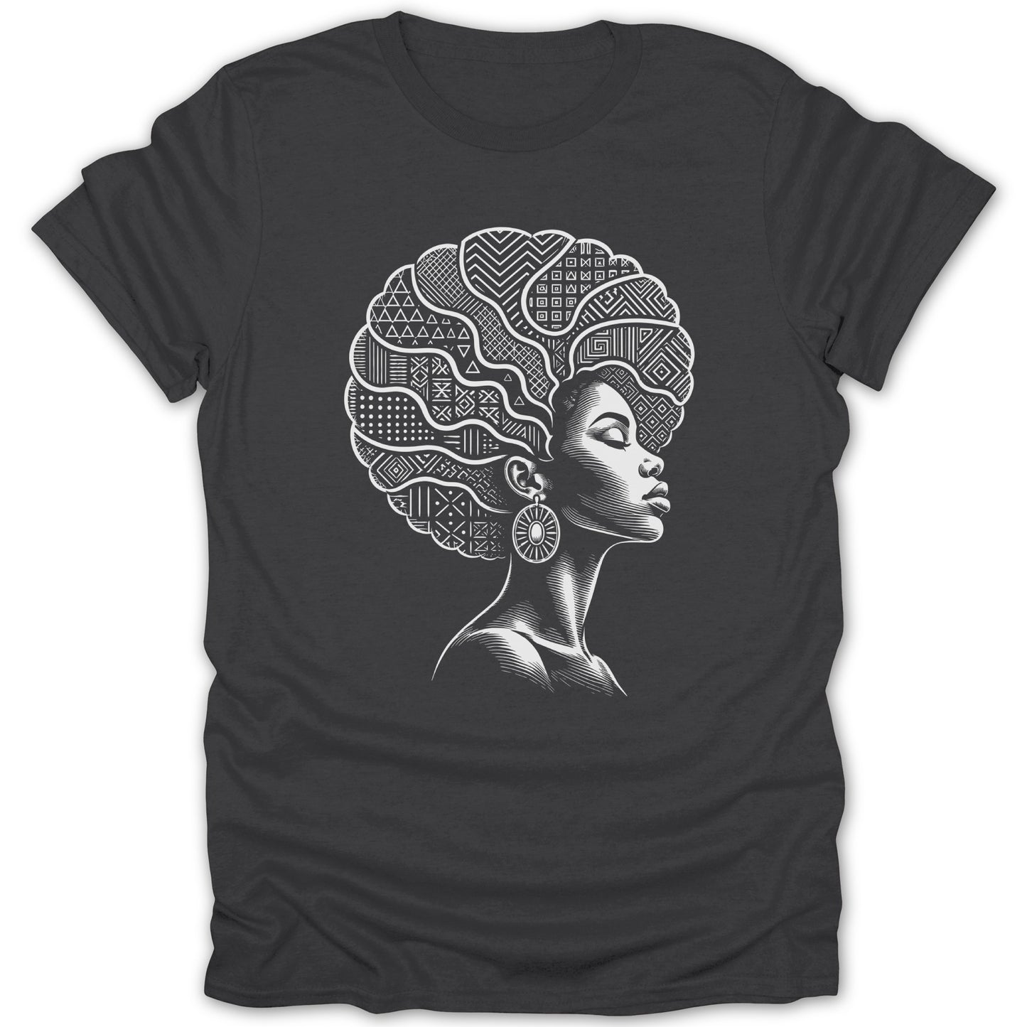 Black t-shirt featuring a profile illustration of a woman with an afro filled with geometric patterns.