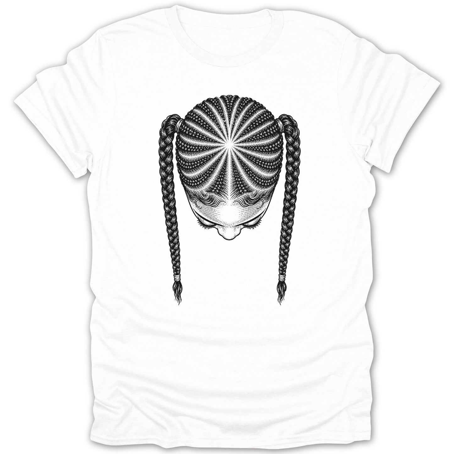 Graphic tee with black and white illustration of a woman's head with braided hair.