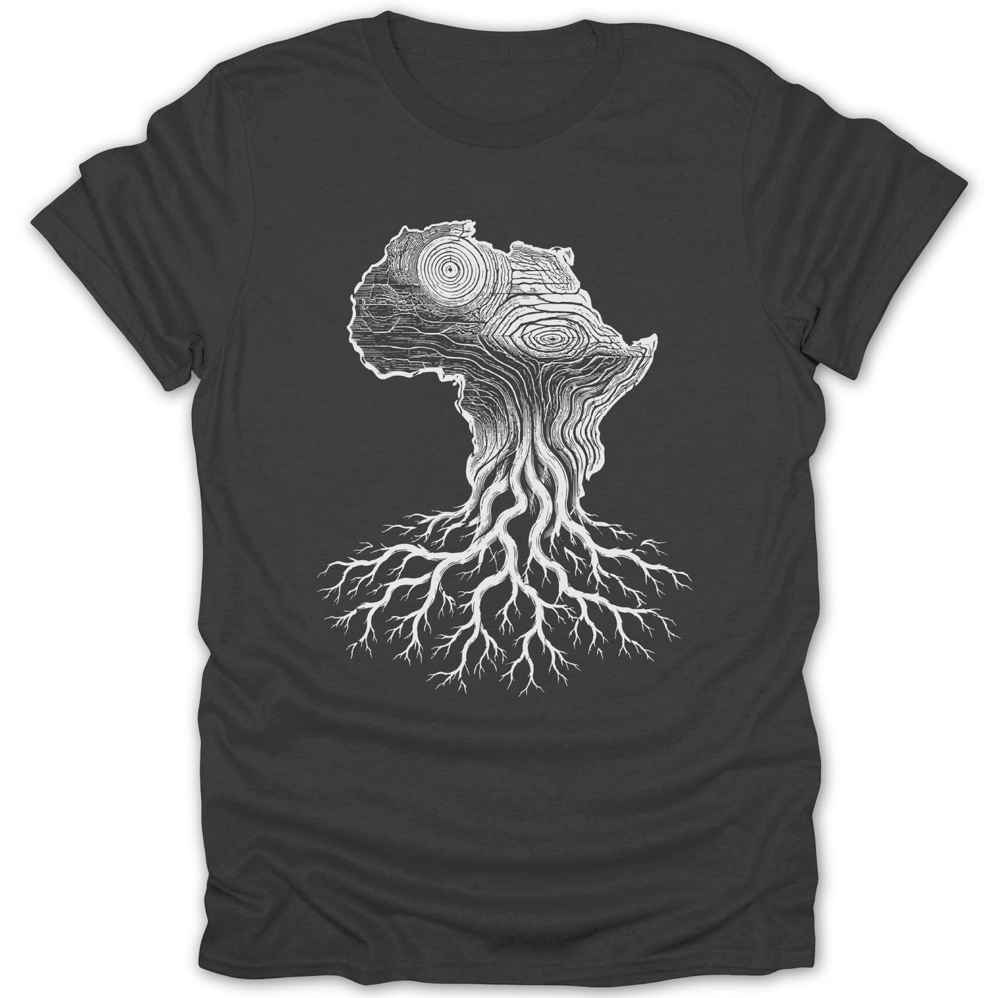 Dark t-shirt with white graphic of Africa depicted as a tree with roots.