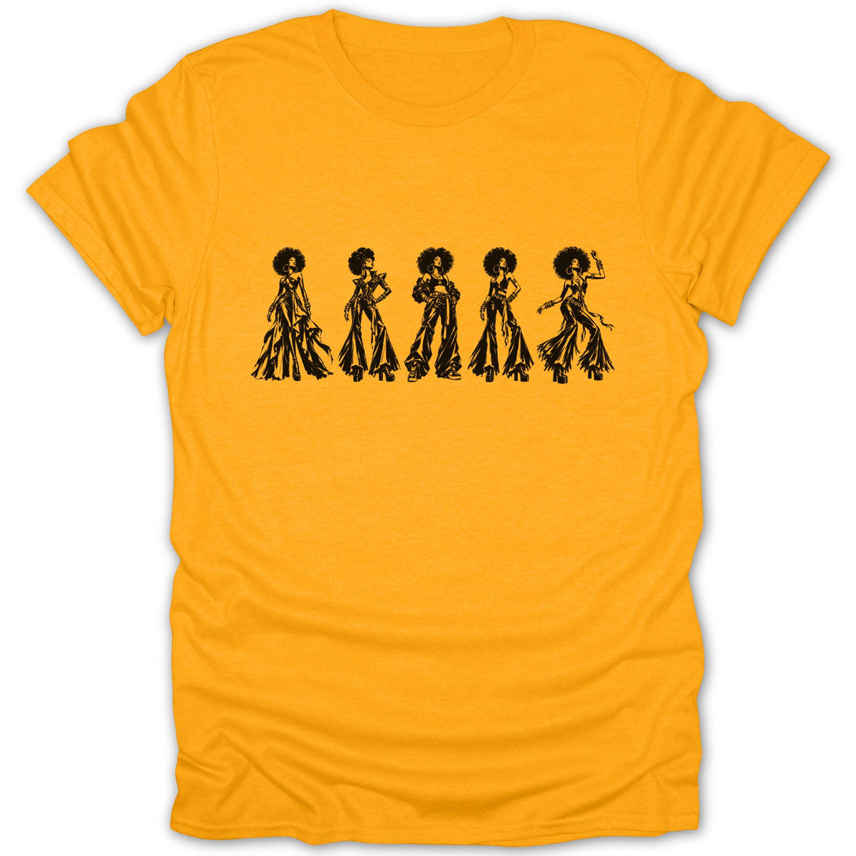 Black graphic of five women with afros in stylish outfits on a yellow t-shirt.