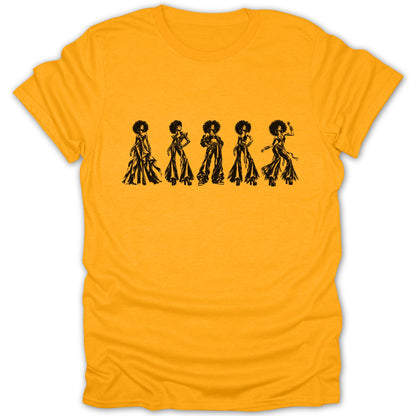 Black graphic of five women with afros in stylish outfits on a yellow t-shirt.