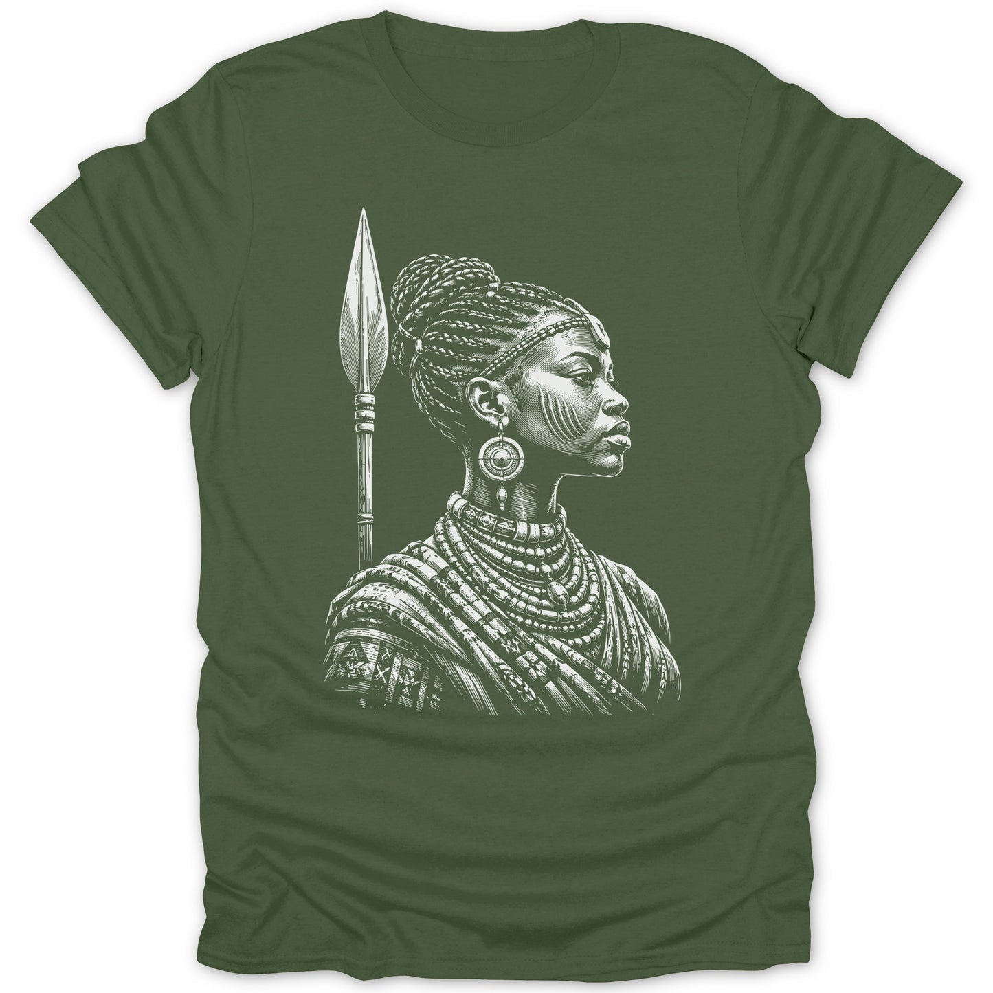 Line drawing of a woman with braided hair, jewelry, and a spear on a green t-shirt.