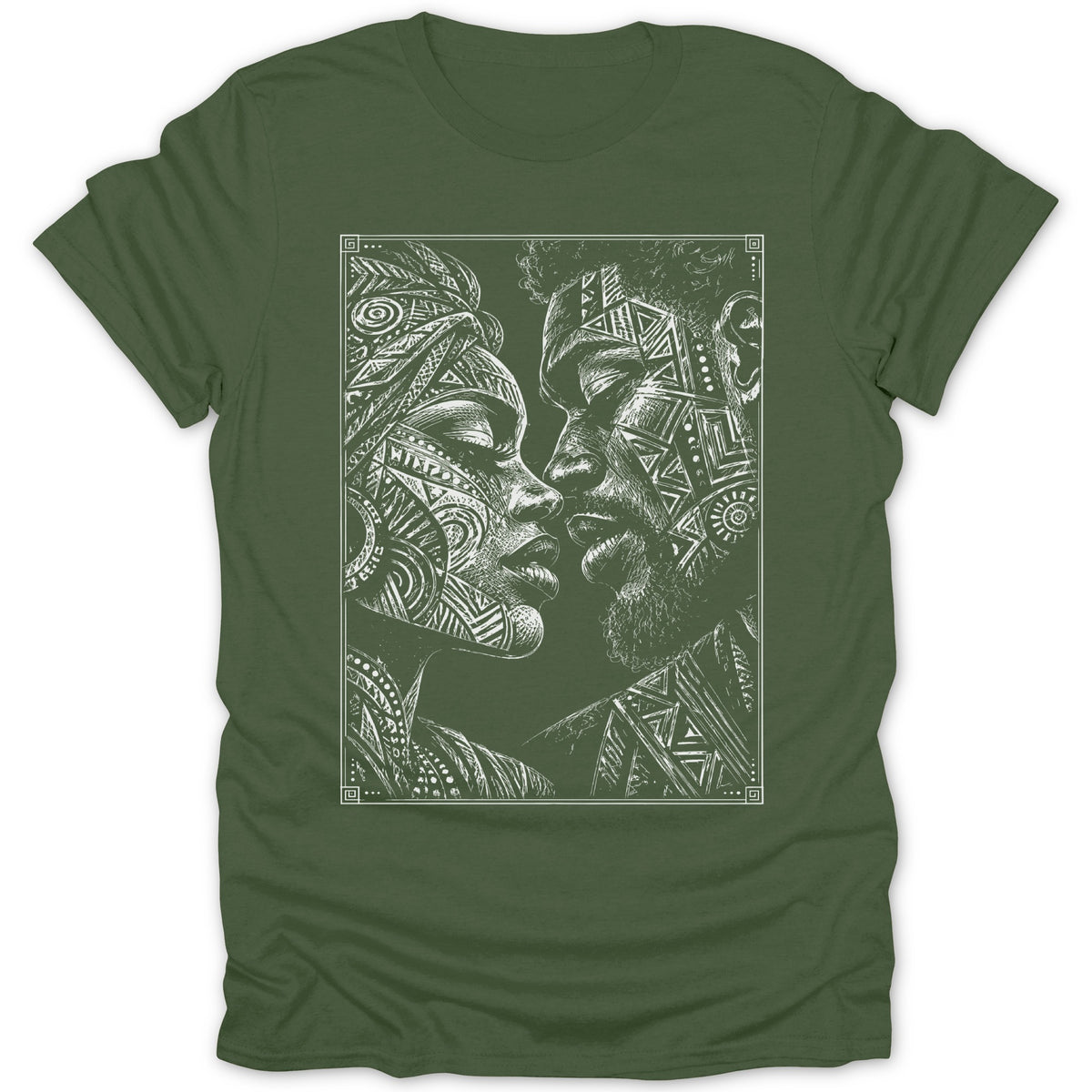 Green t-shirt with a white line drawing of a couple with patterned faces.