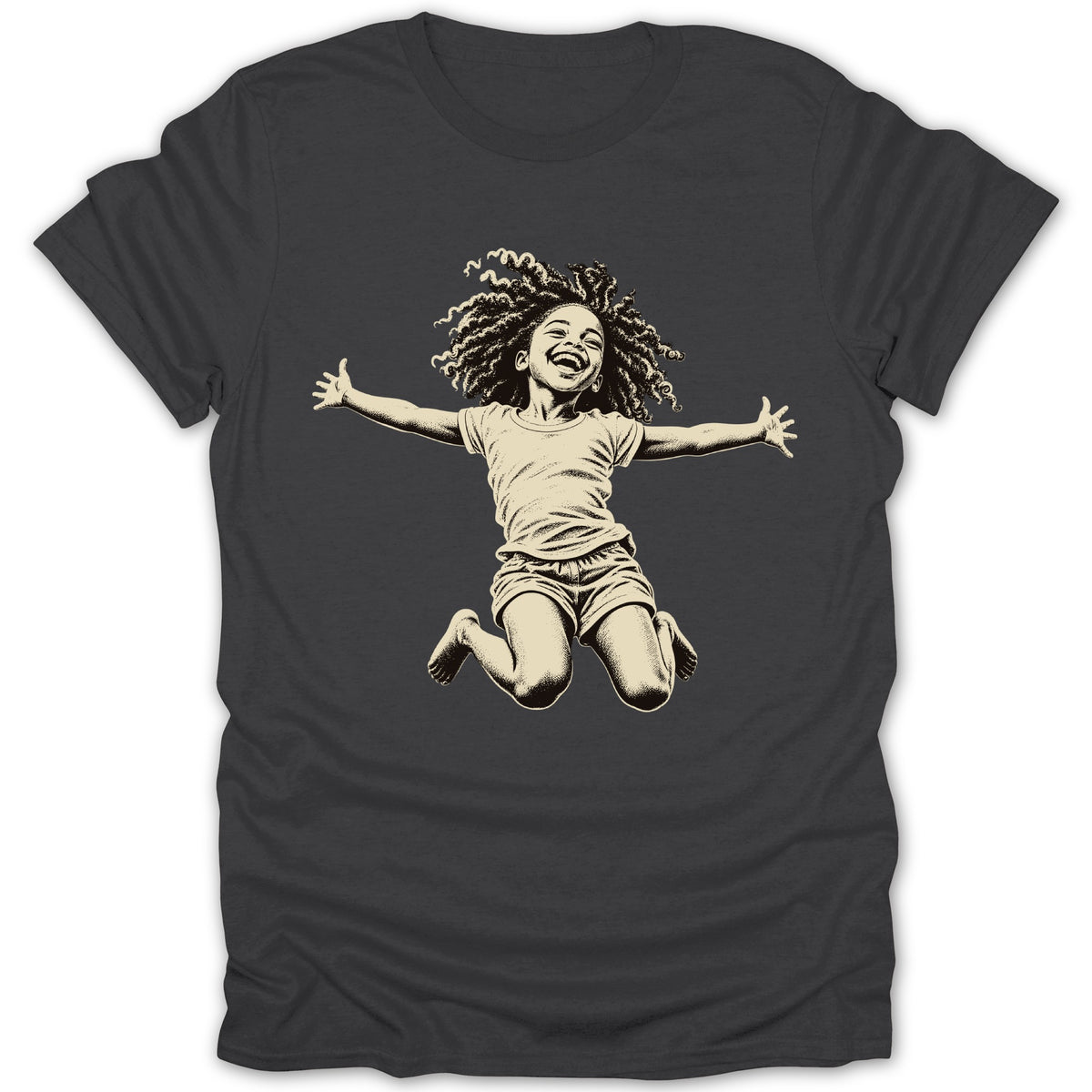 Sketch of a joyful child with curly hair jumping with arms outstretched.