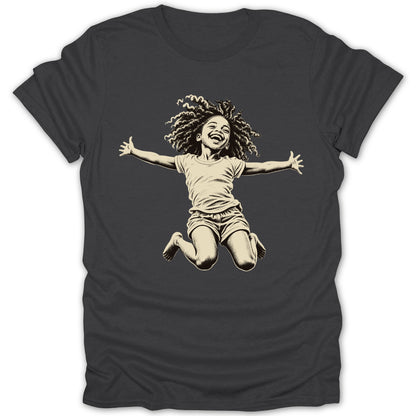 Sketch of a joyful child with curly hair jumping with arms outstretched.