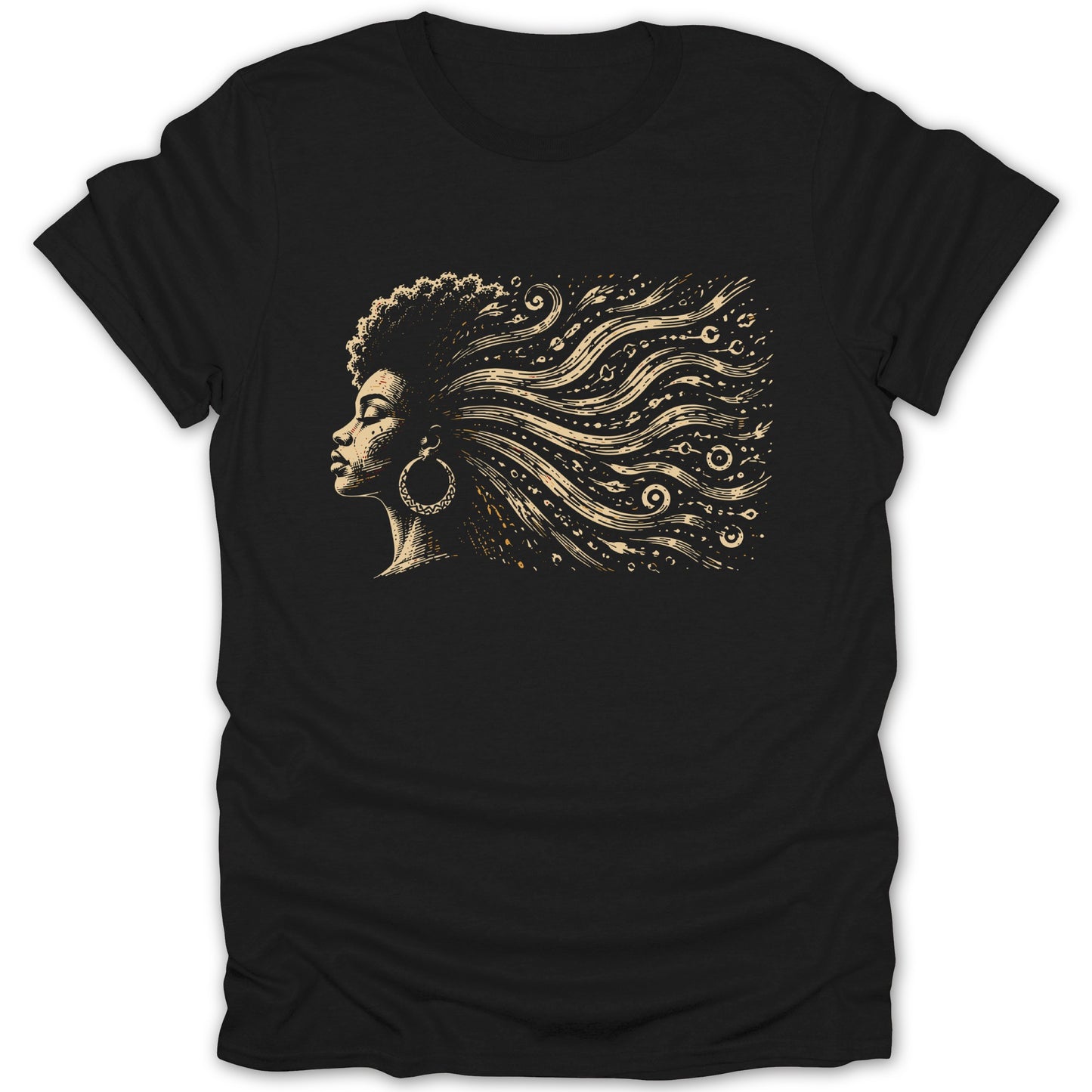Black t-shirt with profile of woman with flowing, ornate hair design.