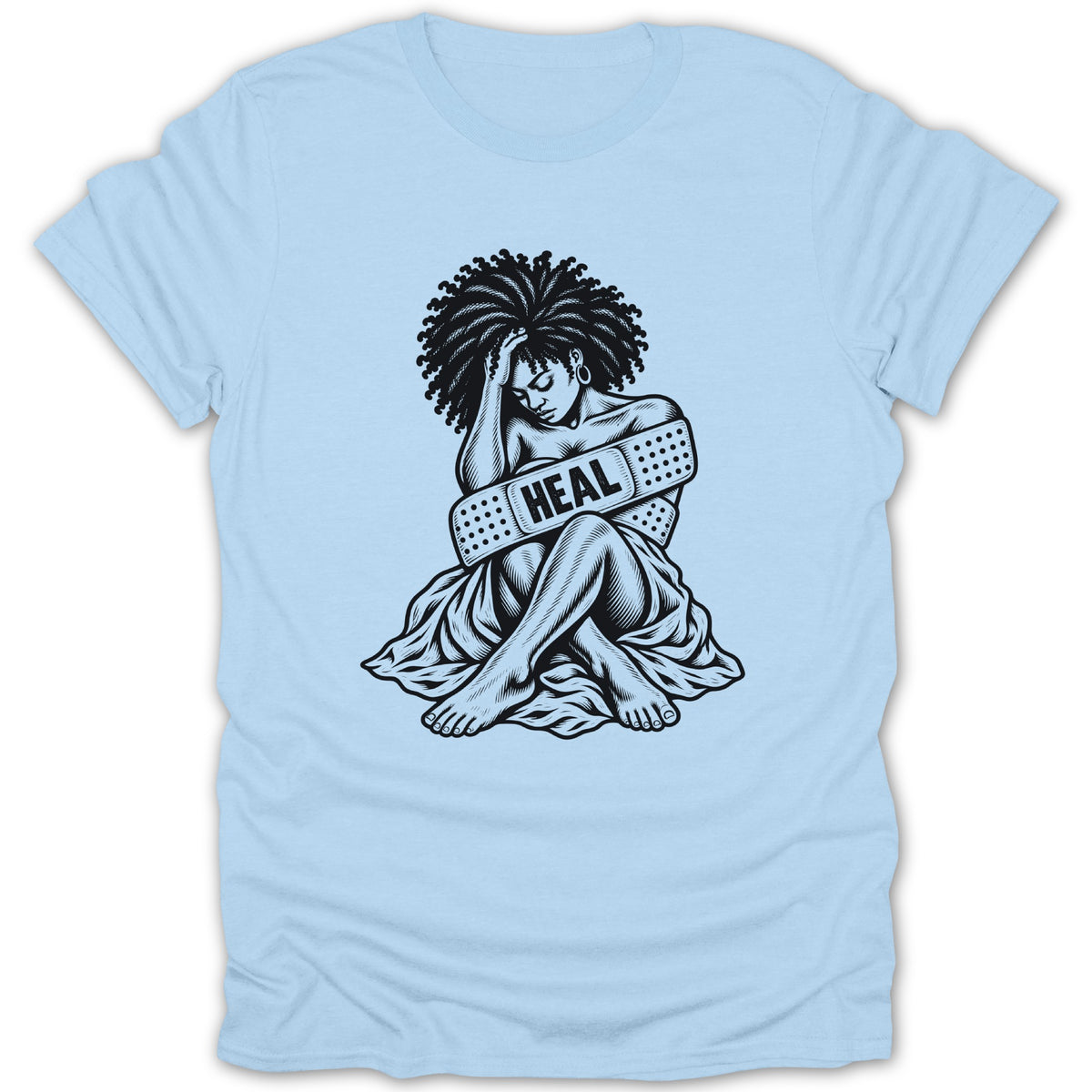 Black and white illustration of a woman with afro hair, wearing a bandage across her chest that says "HEAL".