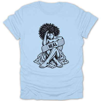 Black and white illustration of a woman with afro hair, wearing a bandage across her chest that says "HEAL".