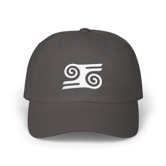 Dark gray baseball cap with a white stylized scroll logo on the front.