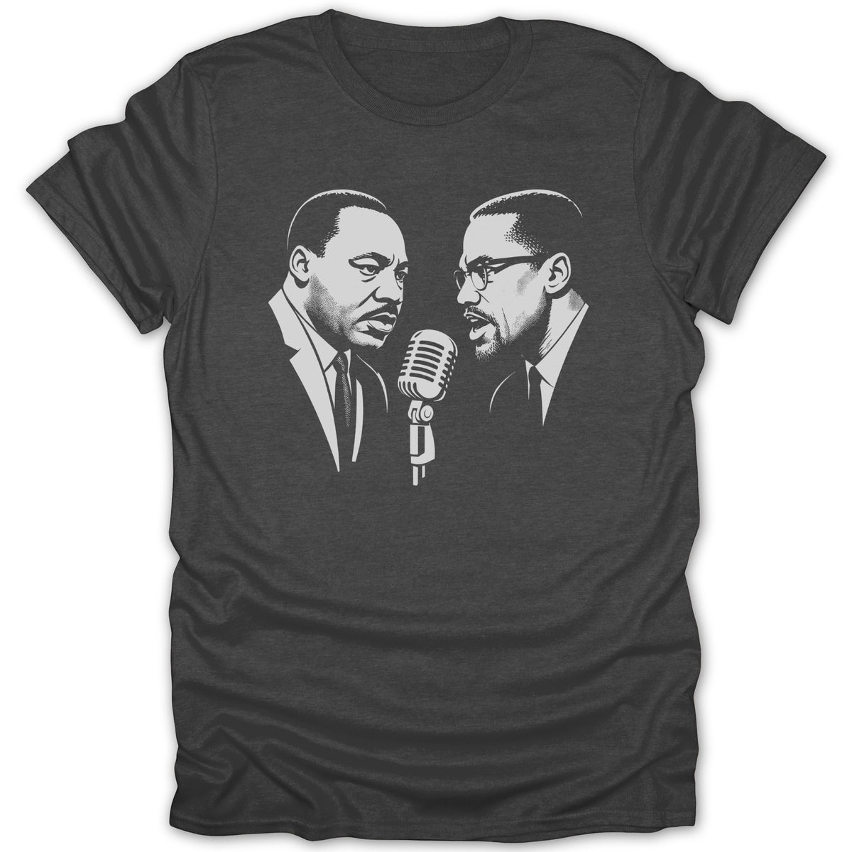 Martin Luther King Jr. and Malcolm X graphic on a dark t-shirt.