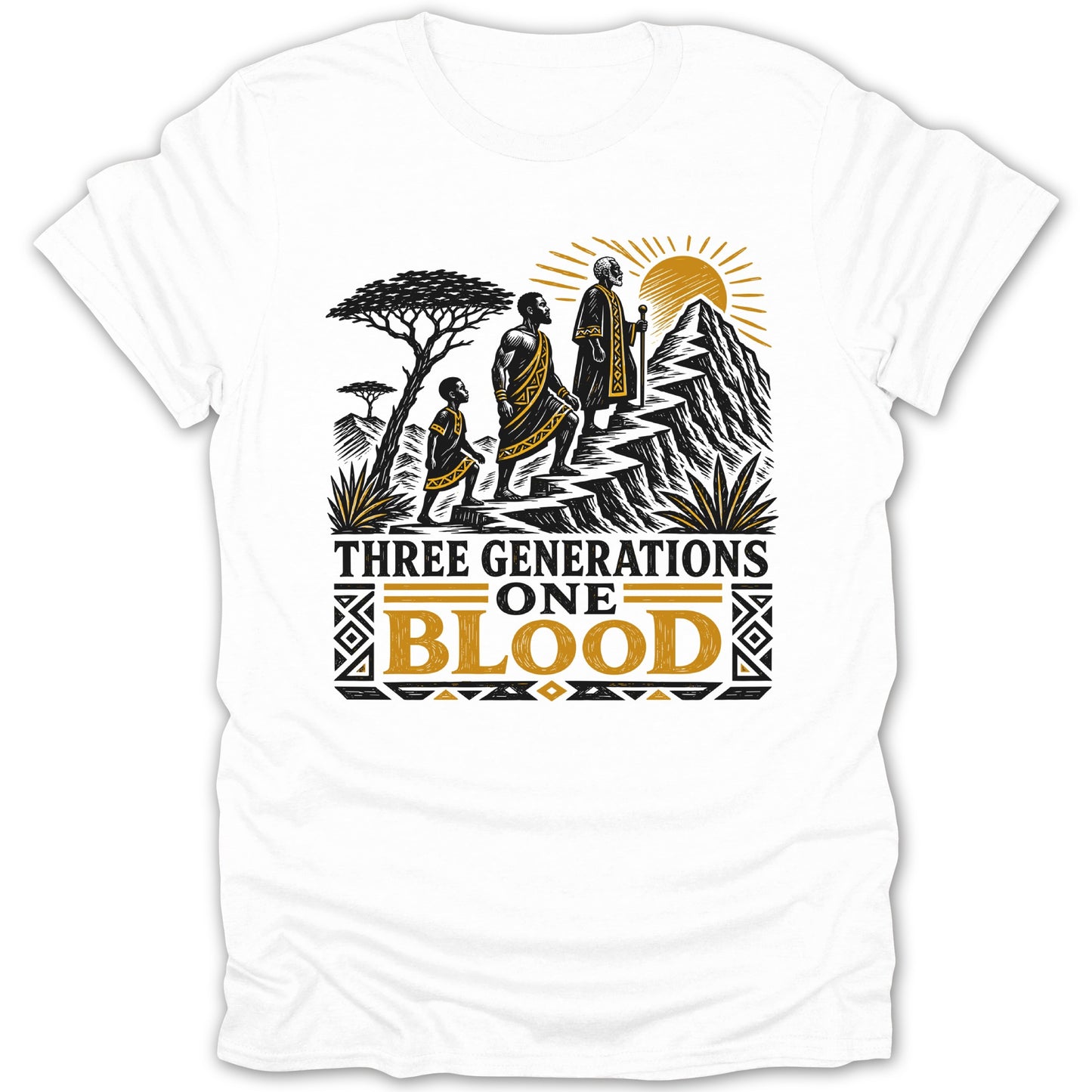 Three generations ascend a mountain under a sun; text reads "THREE GENERATIONS ONE BLOOD".
