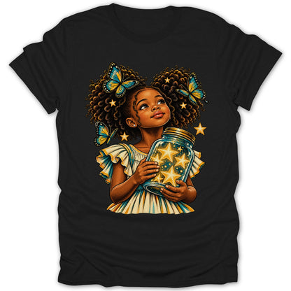 Girl holding jar of stars with butterflies and stars around her.