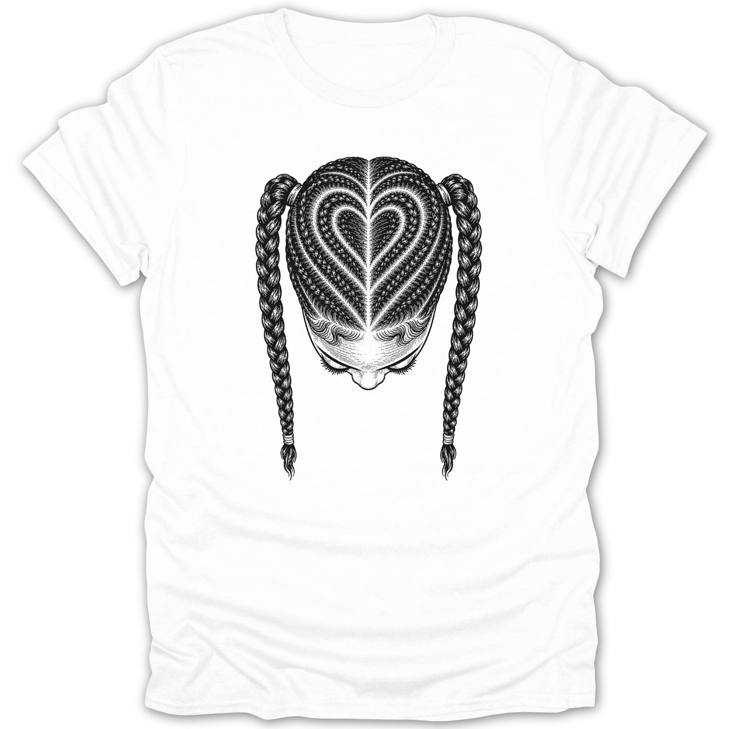 White t-shirt with a black illustration of a person's head with braided hair forming a heart.