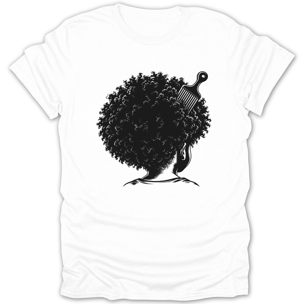 Black graphic of afro hair with a comb on a white t-shirt.