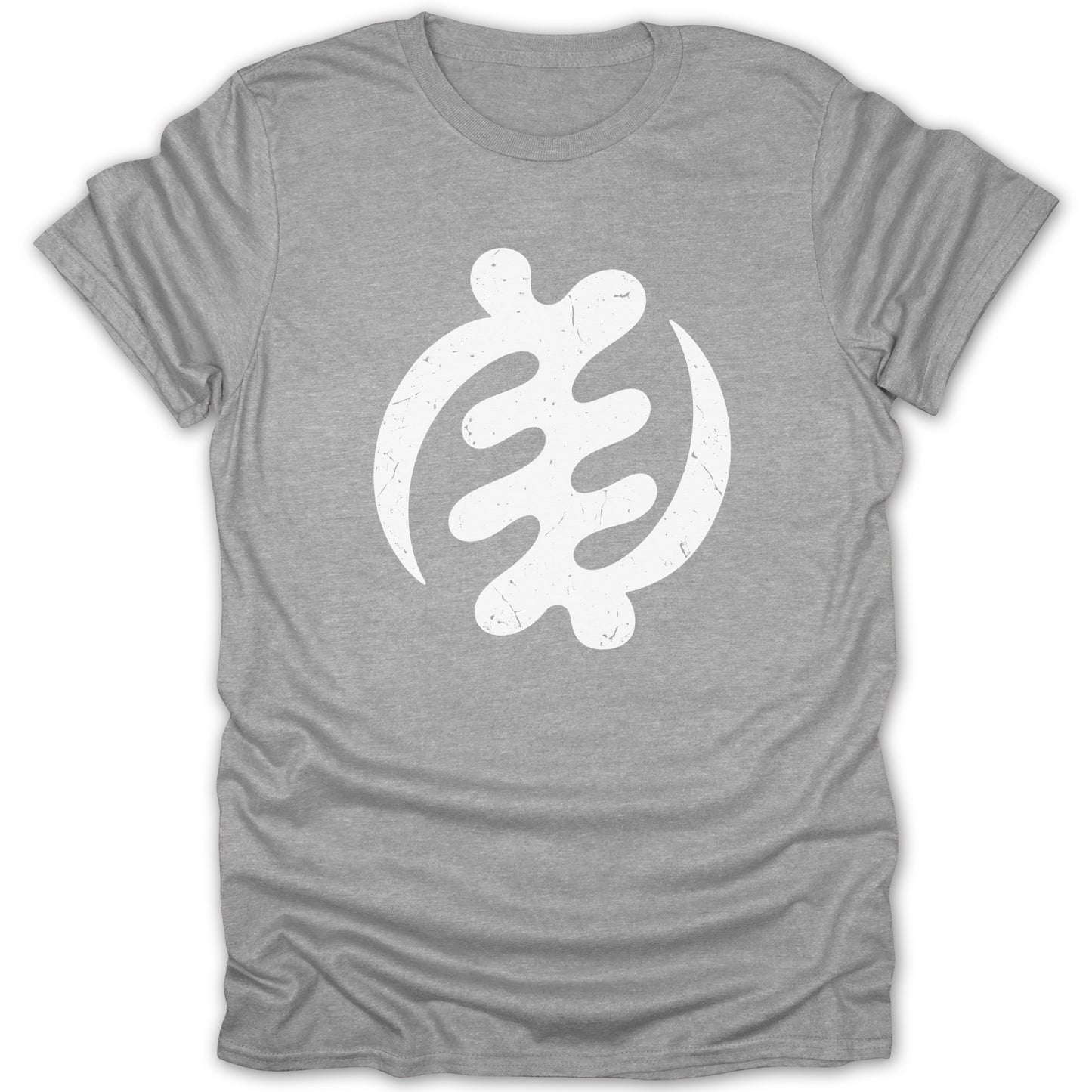 Grey t-shirt with a distressed white Sankofa symbol graphic.