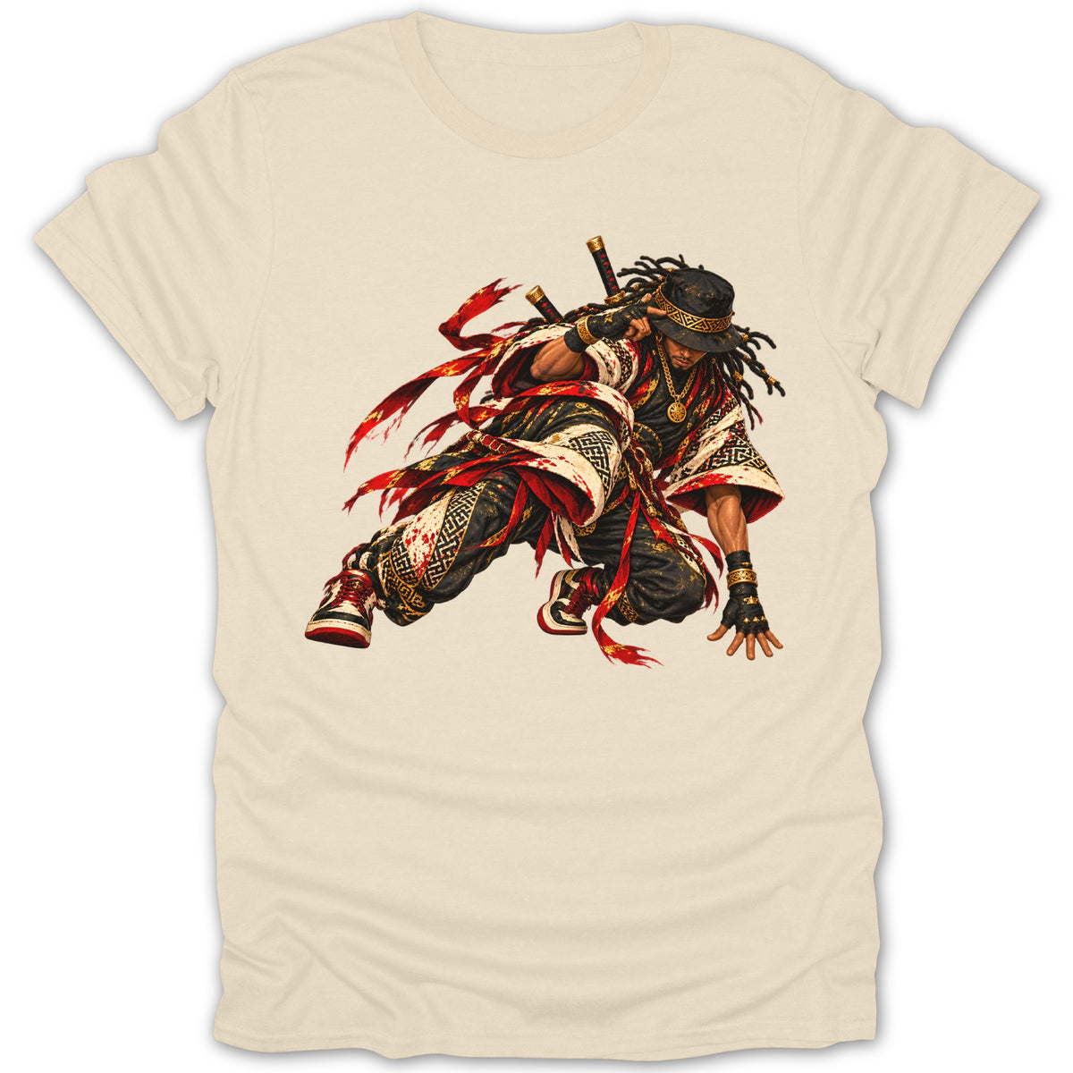 Illustration of a samurai warrior in dynamic pose with swords and flowing red ribbons.