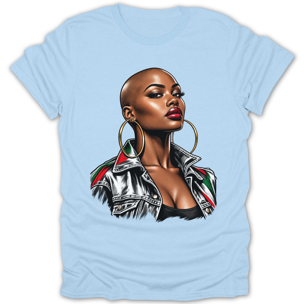 Light blue t-shirt with a graphic of a bald woman wearing large hoop earrings and a denim jacket.