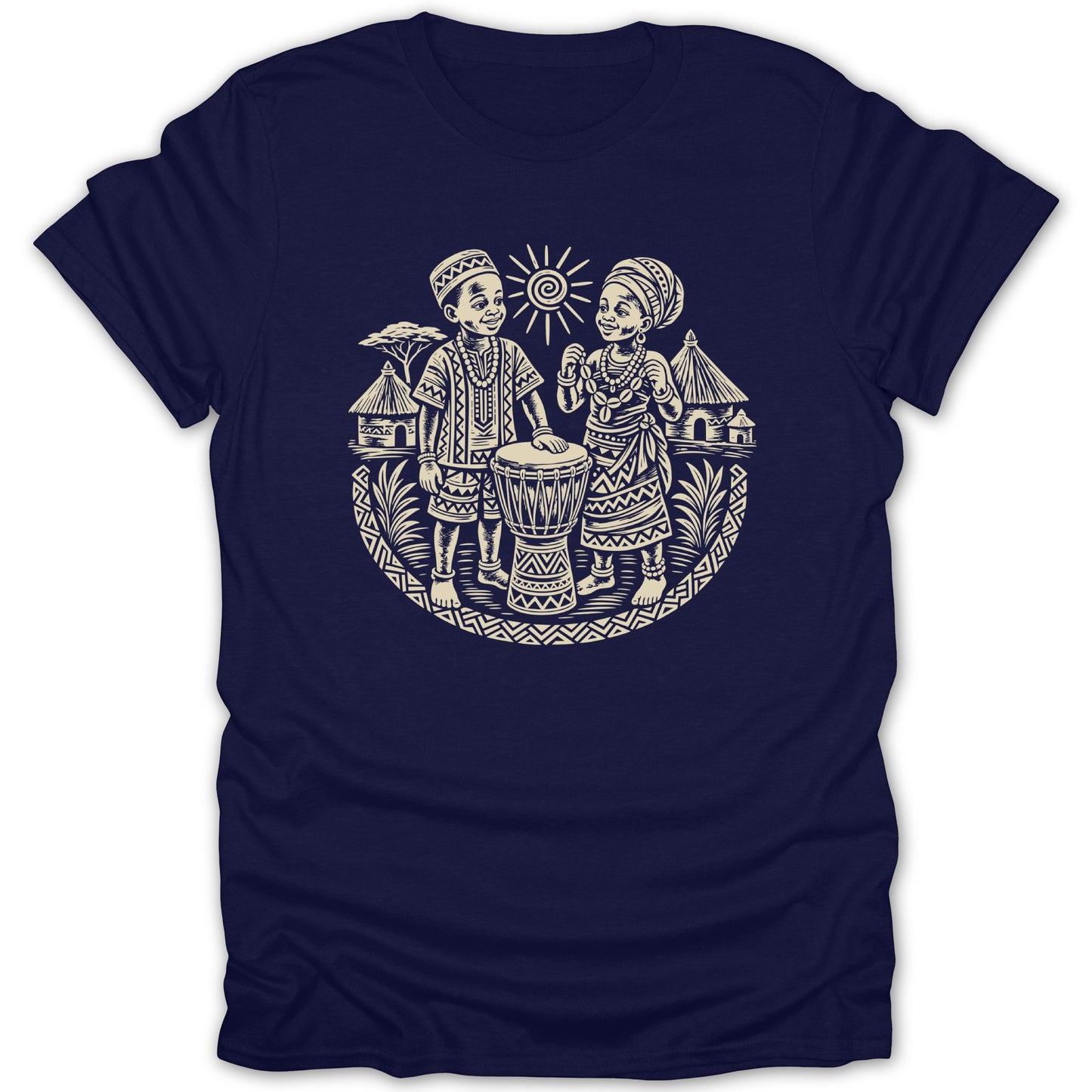 Illustration of children with a drum in an African village setting on a navy t-shirt.