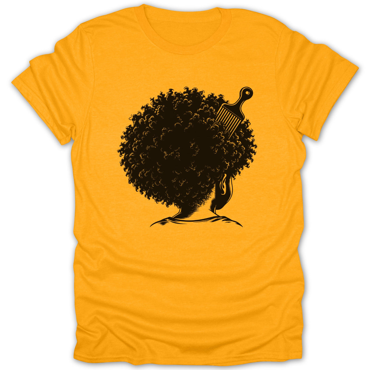 Yellow t-shirt with black graphic of a head with afro and a comb.
