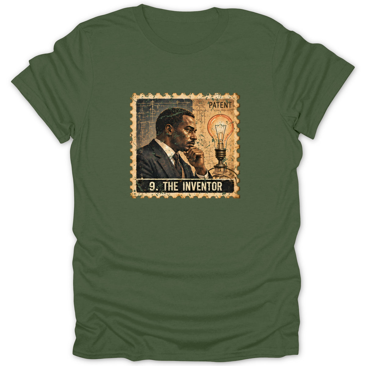 An olive green t-shirt featuring a postage stamp graphic titled 9. The Inventor with a lightbulb and man in a suit.