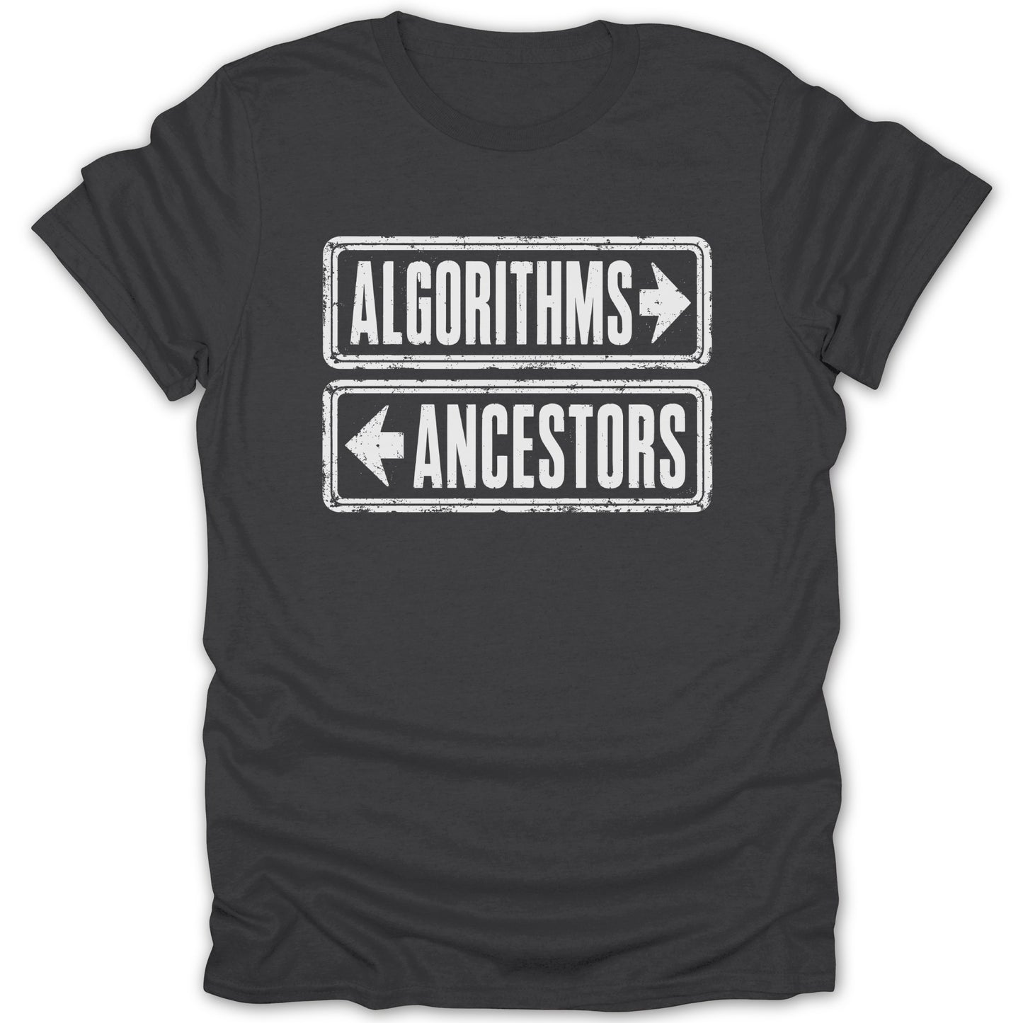 Dark t-shirt with "Algorithms" and "Ancestors" directional signs.