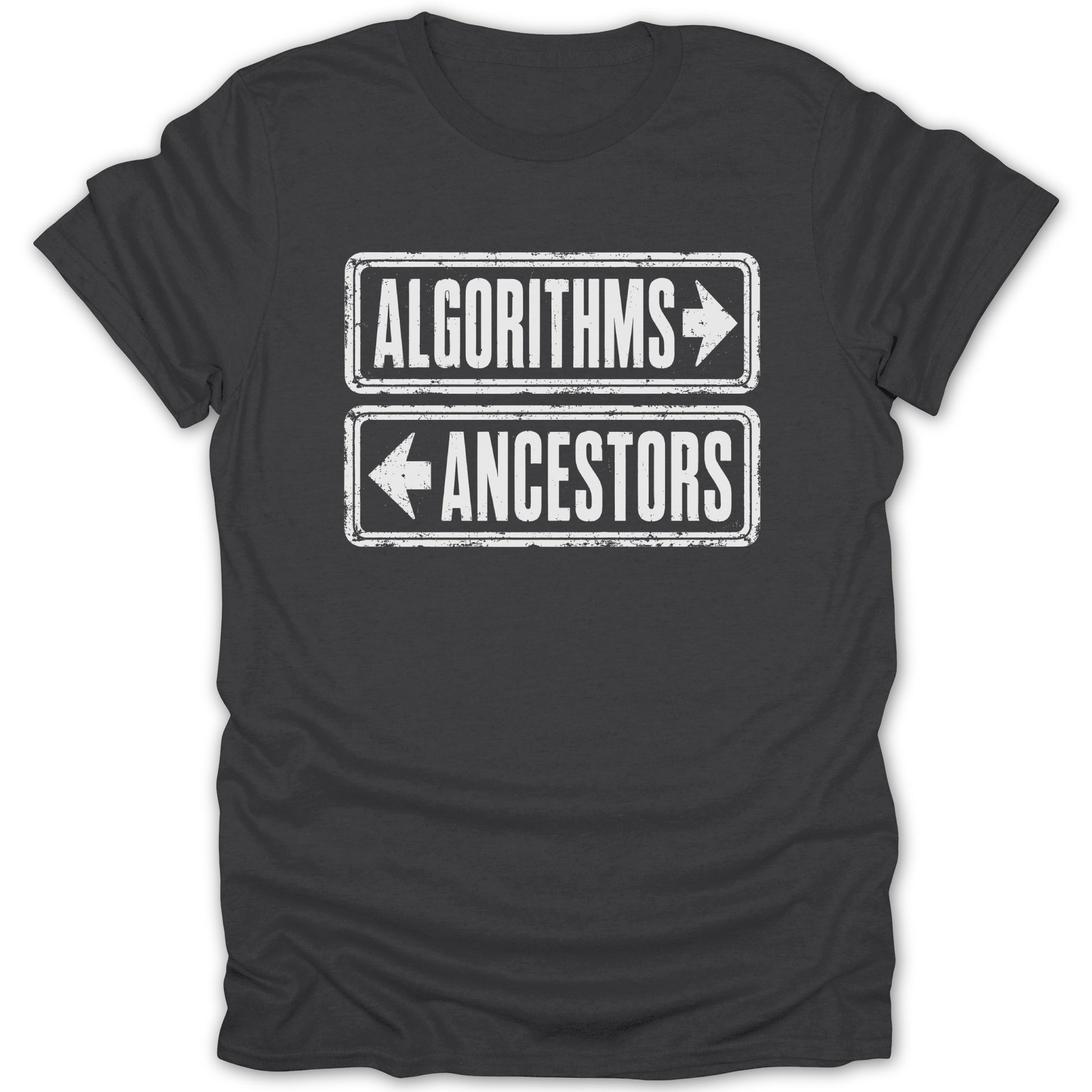 Dark t-shirt with "Algorithms" and "Ancestors" directional signs.