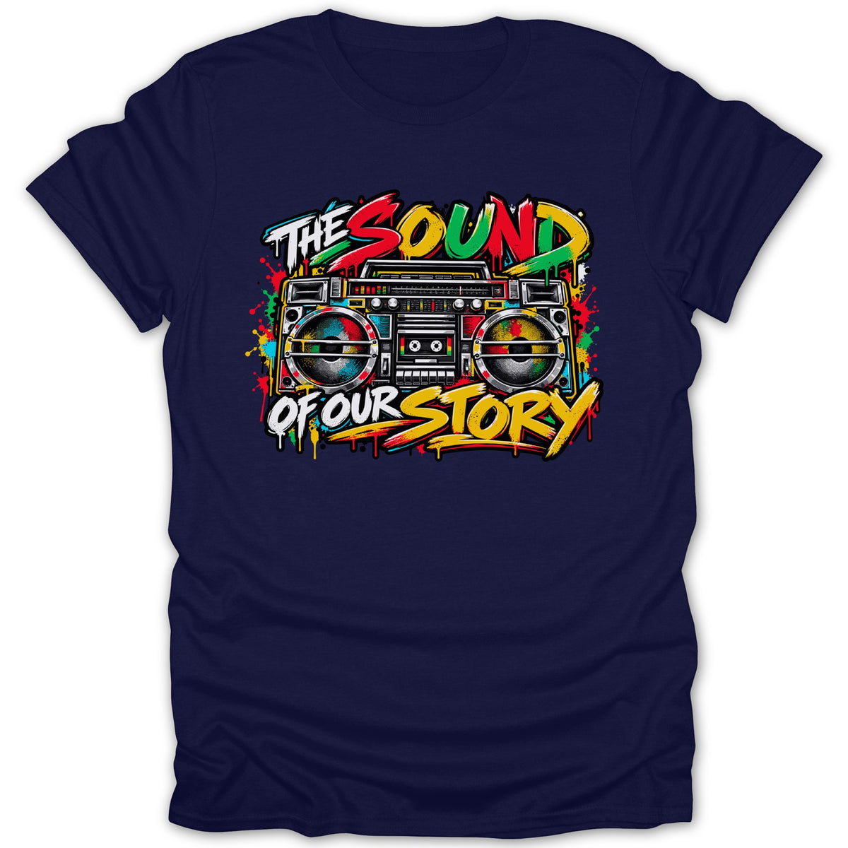 Dark blue t-shirt with colorful graphic of a boombox and text "The Sound of Our Story".
