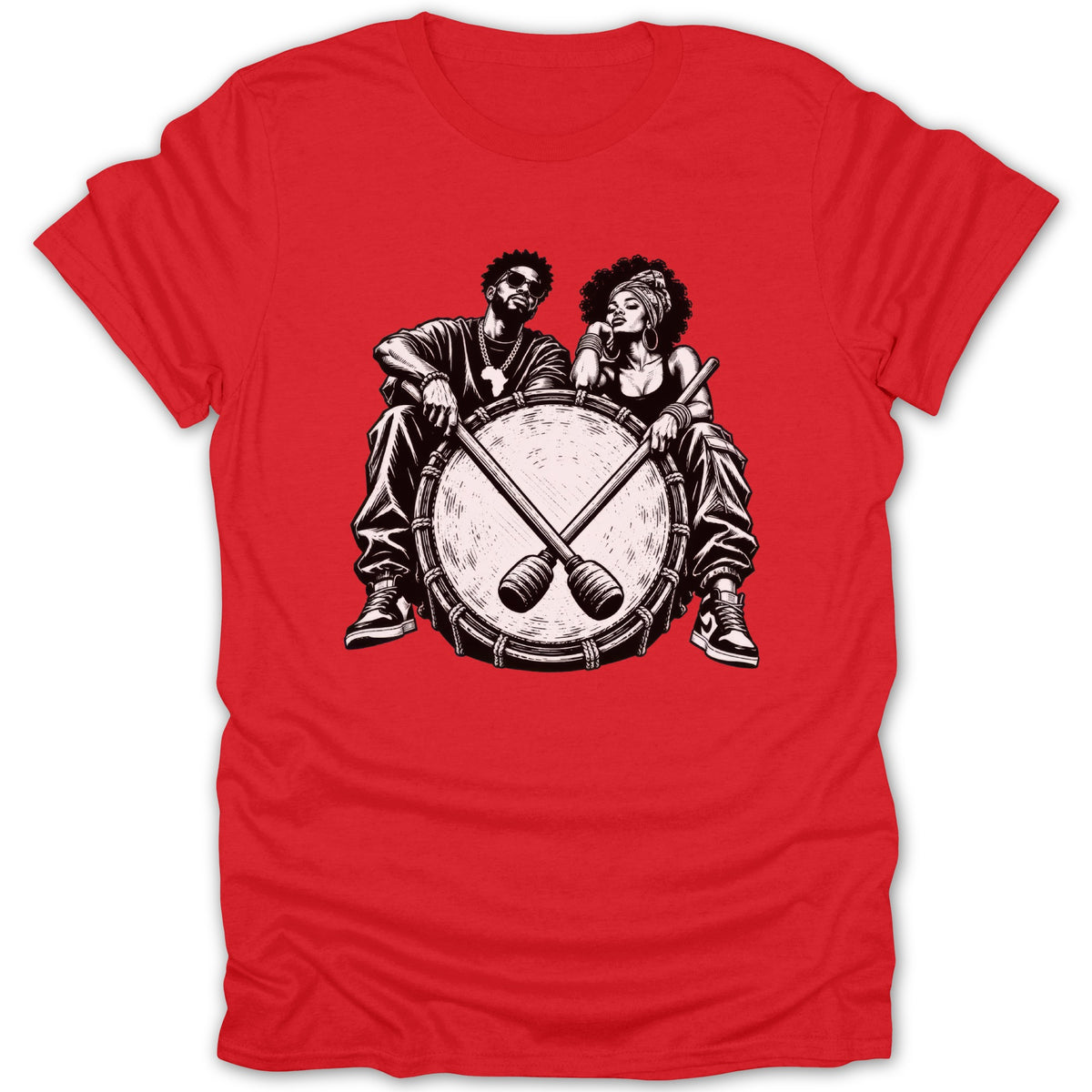 Two people sit behind a large drum with crossed drumsticks.