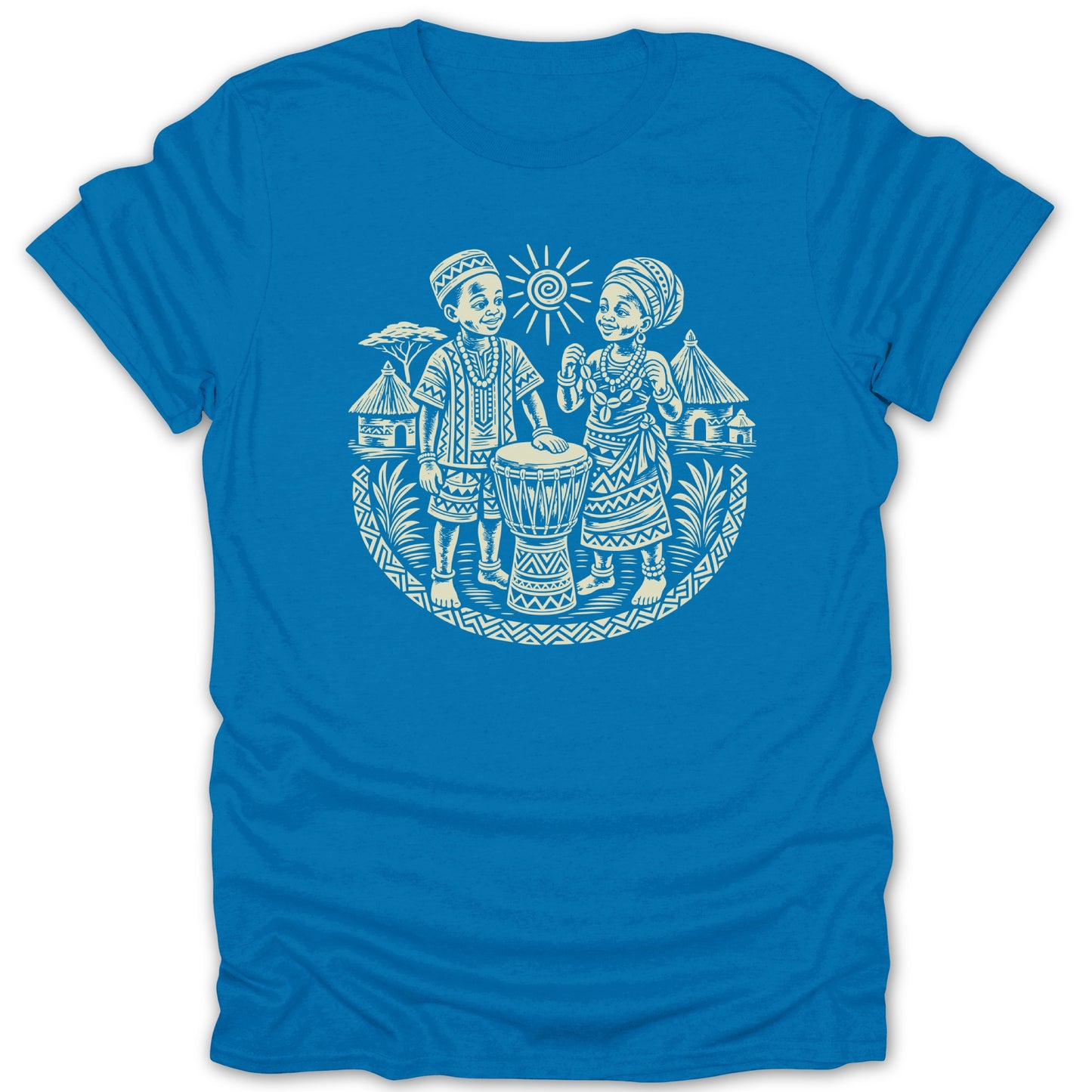 Illustration of two children and a drum with tribal village background on a blue t-shirt.