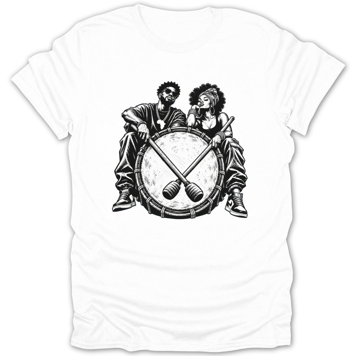 Black and white illustration of a man and woman sitting on a large drum with crossed drumsticks.