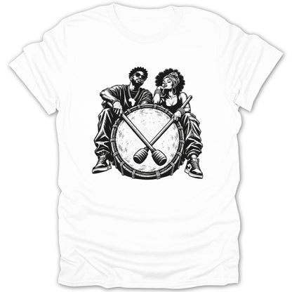 Black and white illustration of a man and woman sitting on a large drum with crossed drumsticks.