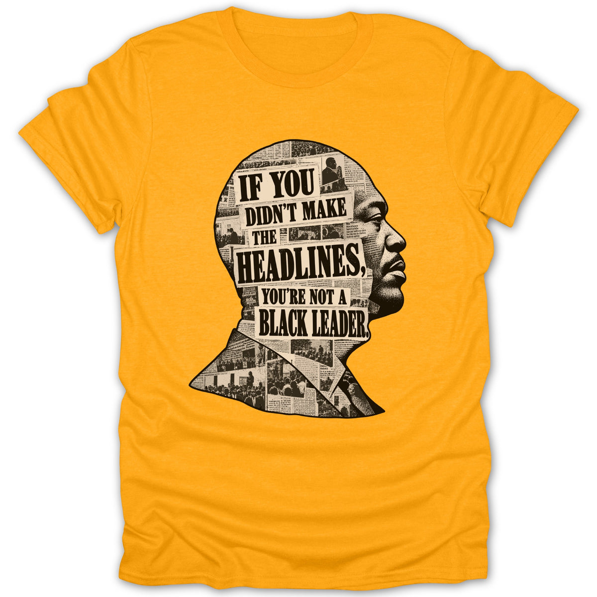 Yellow t-shirt with profile silhouette filled with newspaper clippings and text.