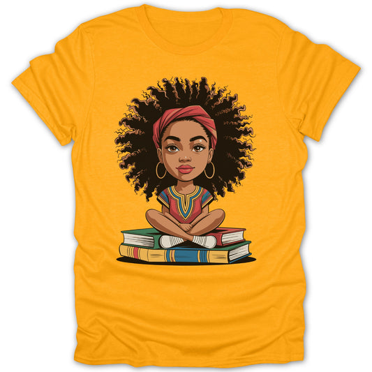 Little Girl with Books Bright Yellow T-shirt