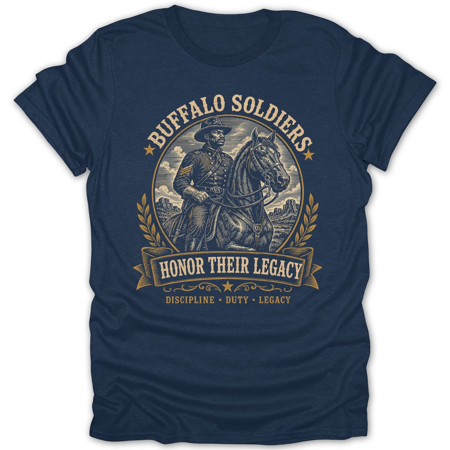 Buffalo Soldiers illustration on navy t-shirt with text "Honor Their Legacy".