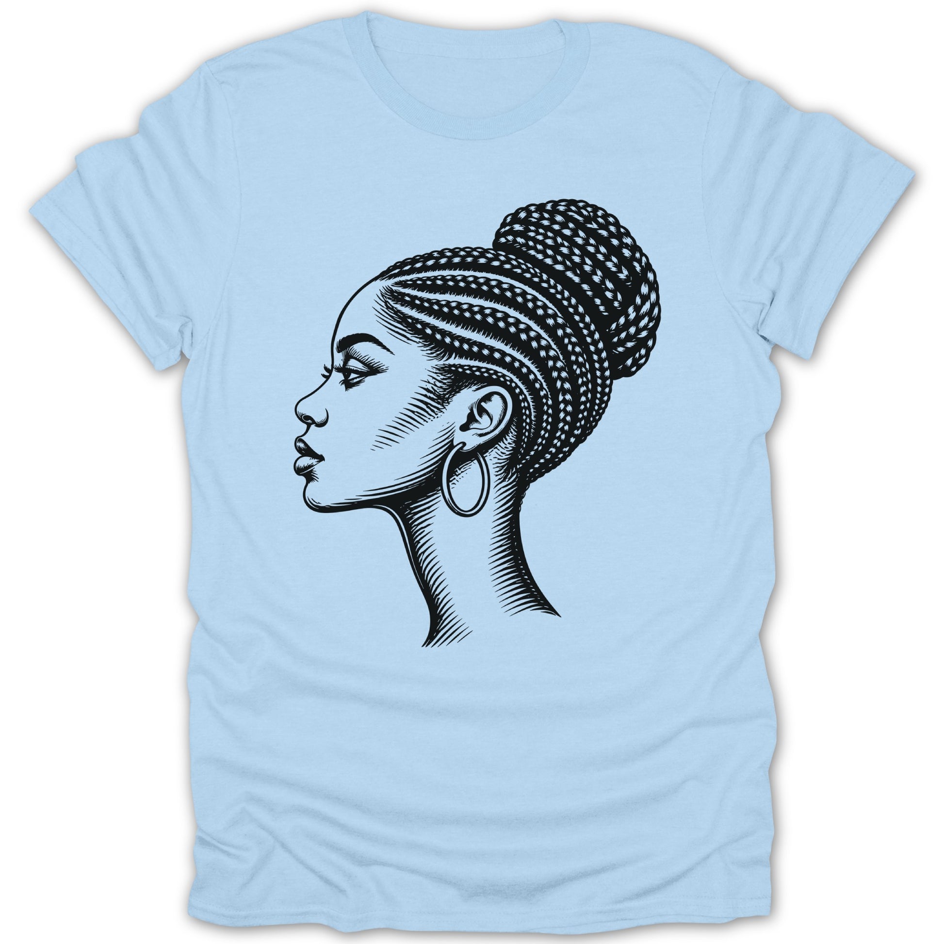 Line art profile of a woman with braided hair in a bun wearing a hoop earring.