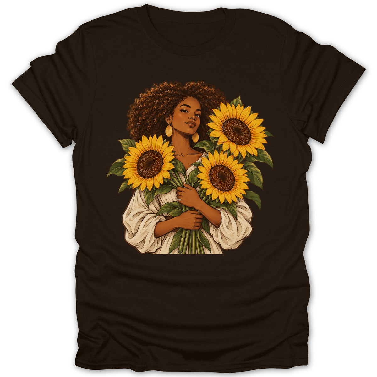 Woman with curly hair holding a bouquet of sunflowers, wearing a white shirt.