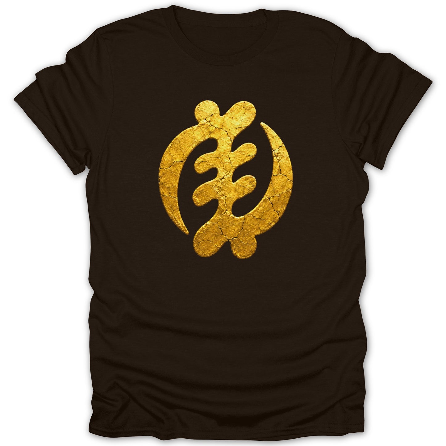 Brown t-shirt with a textured gold Adinkra symbol Gye Nyame on the front.