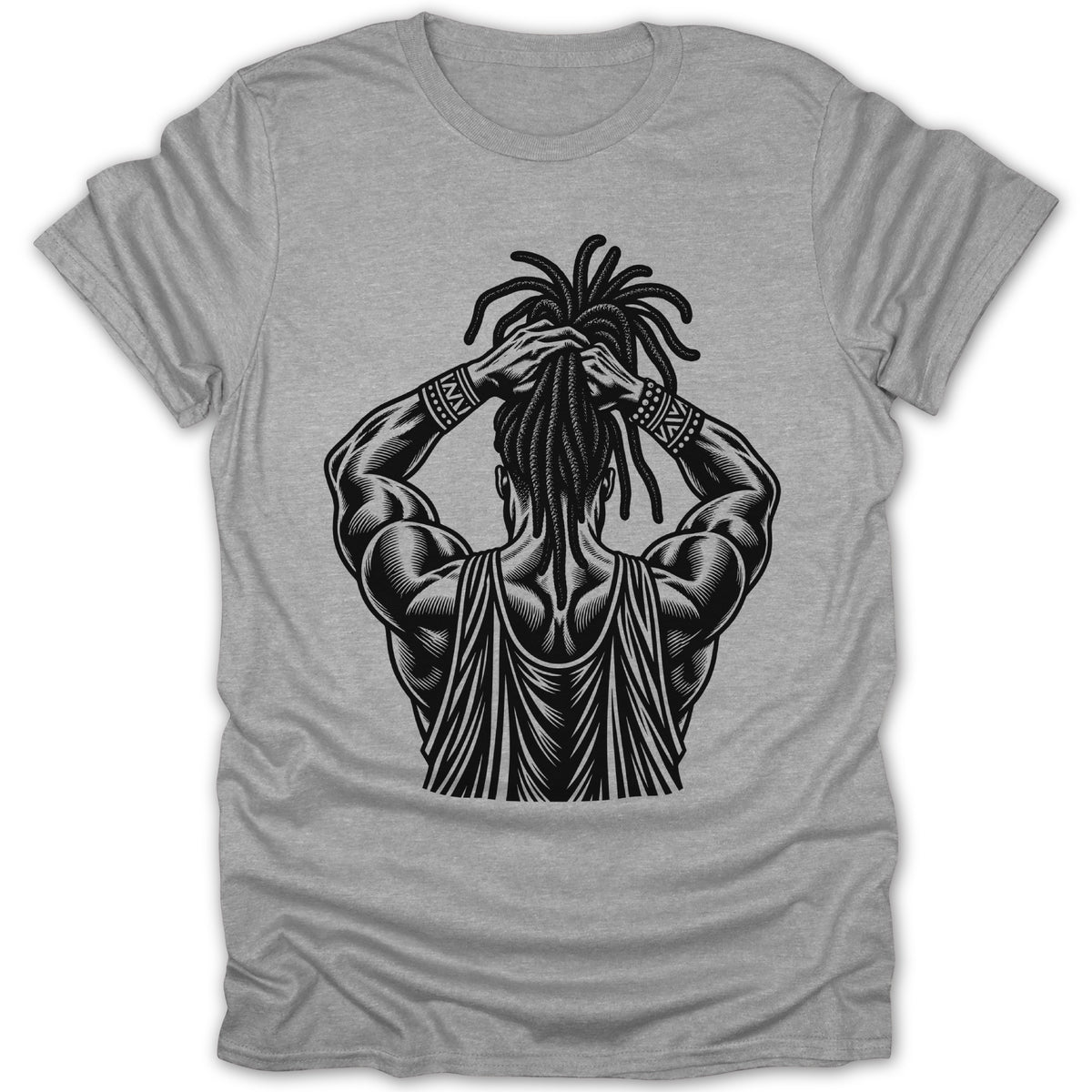 Black and white illustration of a muscular man with dreadlocks on a grey t-shirt.