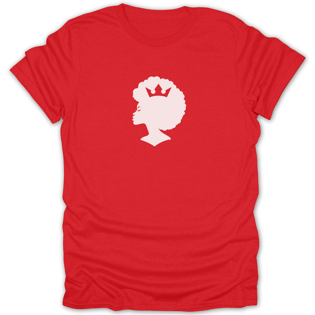 A bright red short-sleeved t-shirt featuring a white silhouette graphic of a woman with an afro and a crown on the chest.